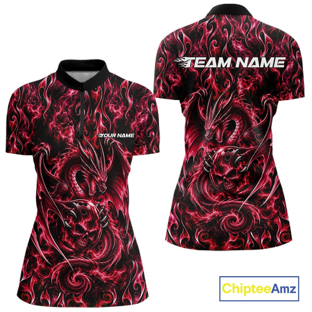 Red Flame Dragon With Skull Bowling Ball Custom Bowling Women Quarter-Zip Shirt IPHW12114
