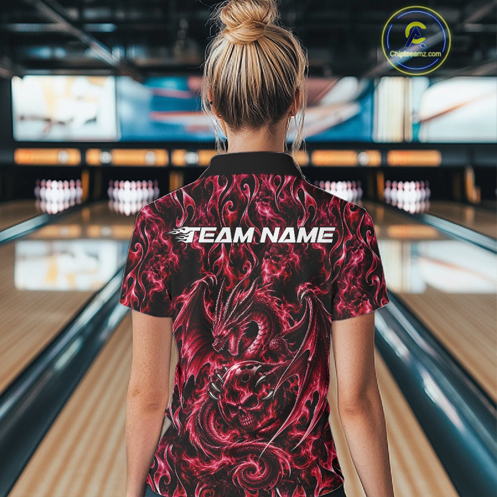 Red Flame Dragon With Skull Bowling Ball Custom Bowling Women Quarter-Zip Shirt IPHW12114