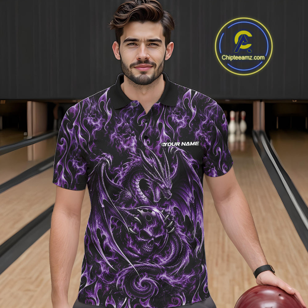 Purple Flame Dragon With Skull Bowling Ball Custom Bowling Men Polo Shirt Bowling Jersey IPHW12115