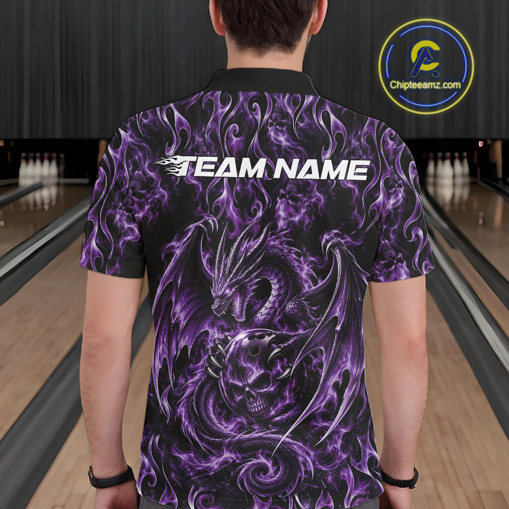 Purple Flame Dragon With Skull Bowling Ball Custom Bowling Men Polo Shirt Bowling Jersey IPHW12115