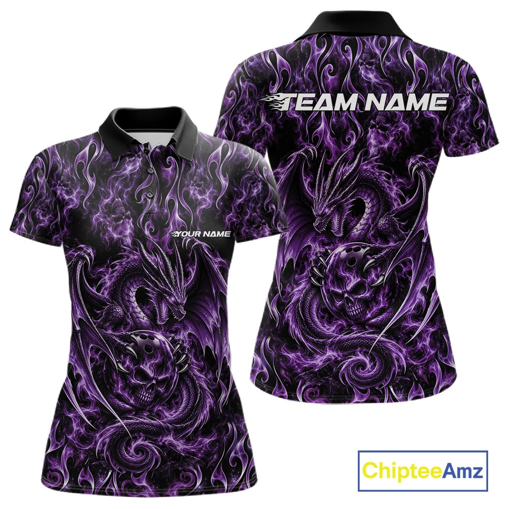 Purple Flame Dragon With Skull Bowling Ball Custom Bowling Women Polo Shirt Bowling Jersey IPHW12115