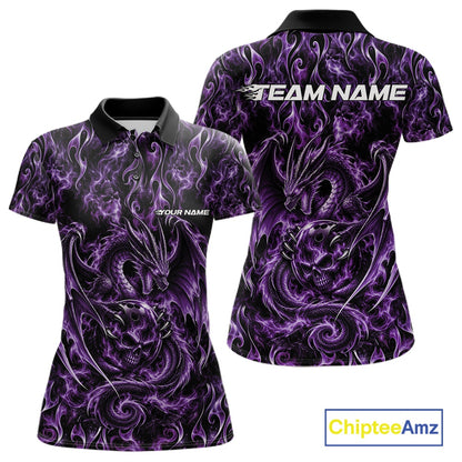 Purple Flame Dragon With Skull Bowling Ball Custom Bowling Women Polo Shirt Bowling Jersey IPHW12115
