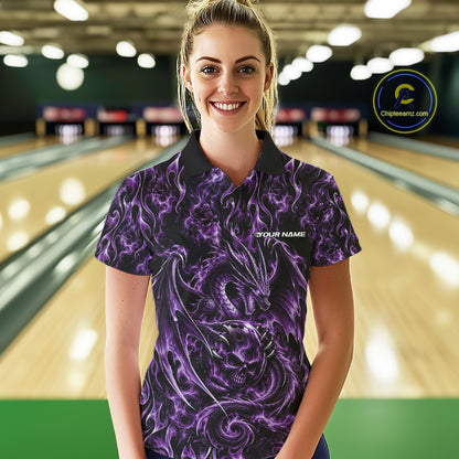 Purple Flame Dragon With Skull Bowling Ball Custom Bowling Women Polo Shirt Bowling Jersey IPHW12115