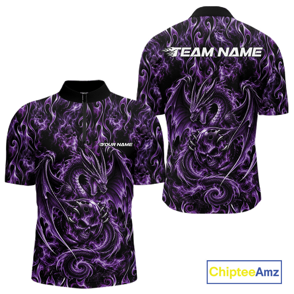 Purple Flame Dragon With Skull Bowling Ball Custom Bowling Men Quarter Zip Shirt Bowling Jersey IPHW12115