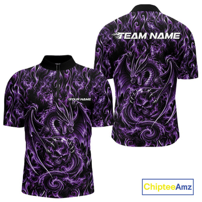 Purple Flame Dragon With Skull Bowling Ball Custom Bowling Men Quarter Zip Shirt Bowling Jersey IPHW12115