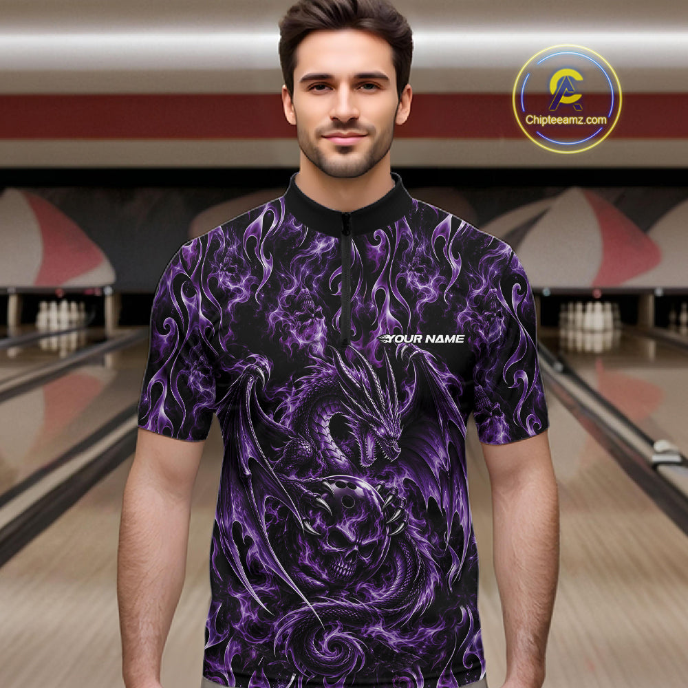 Purple Flame Dragon With Skull Bowling Ball Custom Bowling Men Quarter Zip Shirt Bowling Jersey IPHW12115