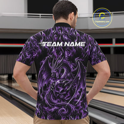 Purple Flame Dragon With Skull Bowling Ball Custom Bowling Men Quarter Zip Shirt Bowling Jersey IPHW12115