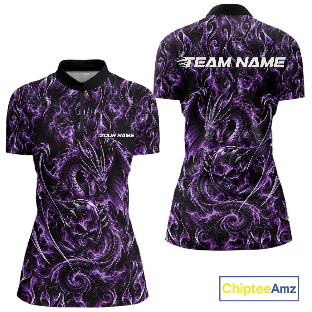 Purple Flame Dragon With Skull Bowling Ball Custom Bowling Women Quarter-Zip Shirt IPHW12115