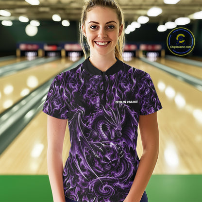 Purple Flame Dragon With Skull Bowling Ball Custom Bowling Women Quarter-Zip Shirt IPHW12115