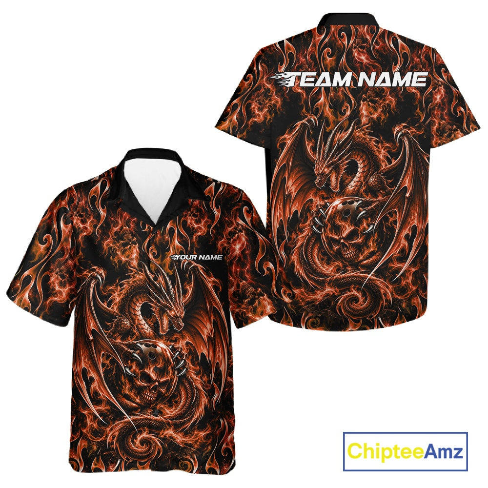 Orange Flame Dragon With Skull Bowling Ball Custom Bowling Men And Women Button Up Shirt Bowling Jersey IPHW12116