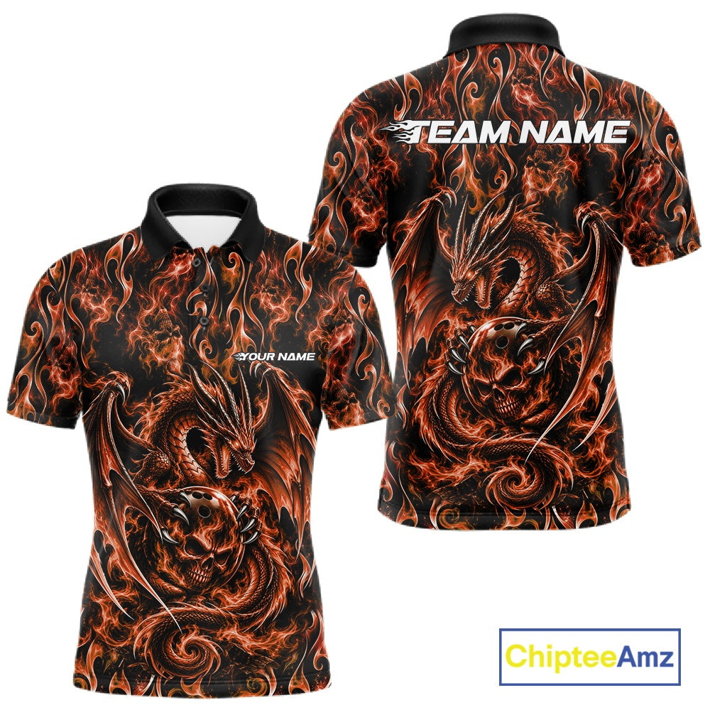 Orange Flame Dragon With Skull Bowling Ball Custom Bowling Men Polo Shirt Bowling Jersey IPHW12116