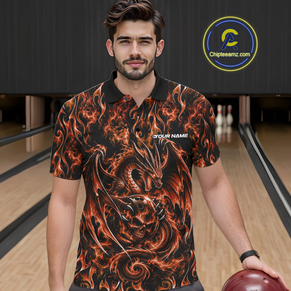 Orange Flame Dragon With Skull Bowling Ball Custom Bowling Men Polo Shirt Bowling Jersey IPHW12116