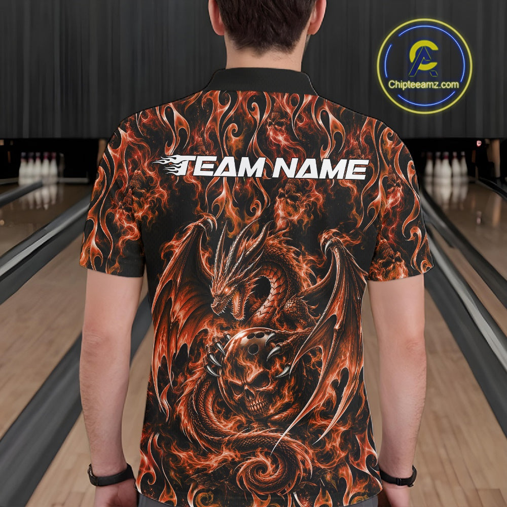 Orange Flame Dragon With Skull Bowling Ball Custom Bowling Men Polo Shirt Bowling Jersey IPHW12116