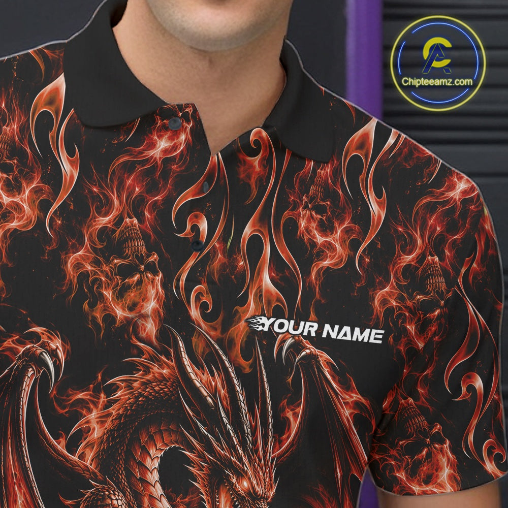 Orange Flame Dragon With Skull Bowling Ball Custom Bowling Men Polo Shirt Bowling Jersey IPHW12116
