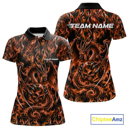 Orange Flame Dragon With Skull Bowling Ball Custom Bowling Women Polo Shirt Bowling Jersey IPHW12116