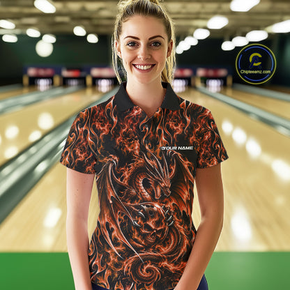 Orange Flame Dragon With Skull Bowling Ball Custom Bowling Women Polo Shirt Bowling Jersey IPHW12116