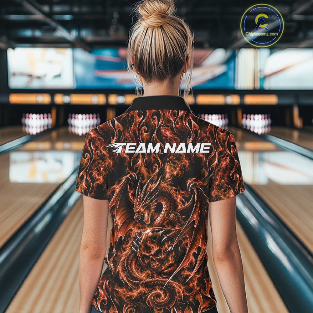 Orange Flame Dragon With Skull Bowling Ball Custom Bowling Women Polo Shirt Bowling Jersey IPHW12116