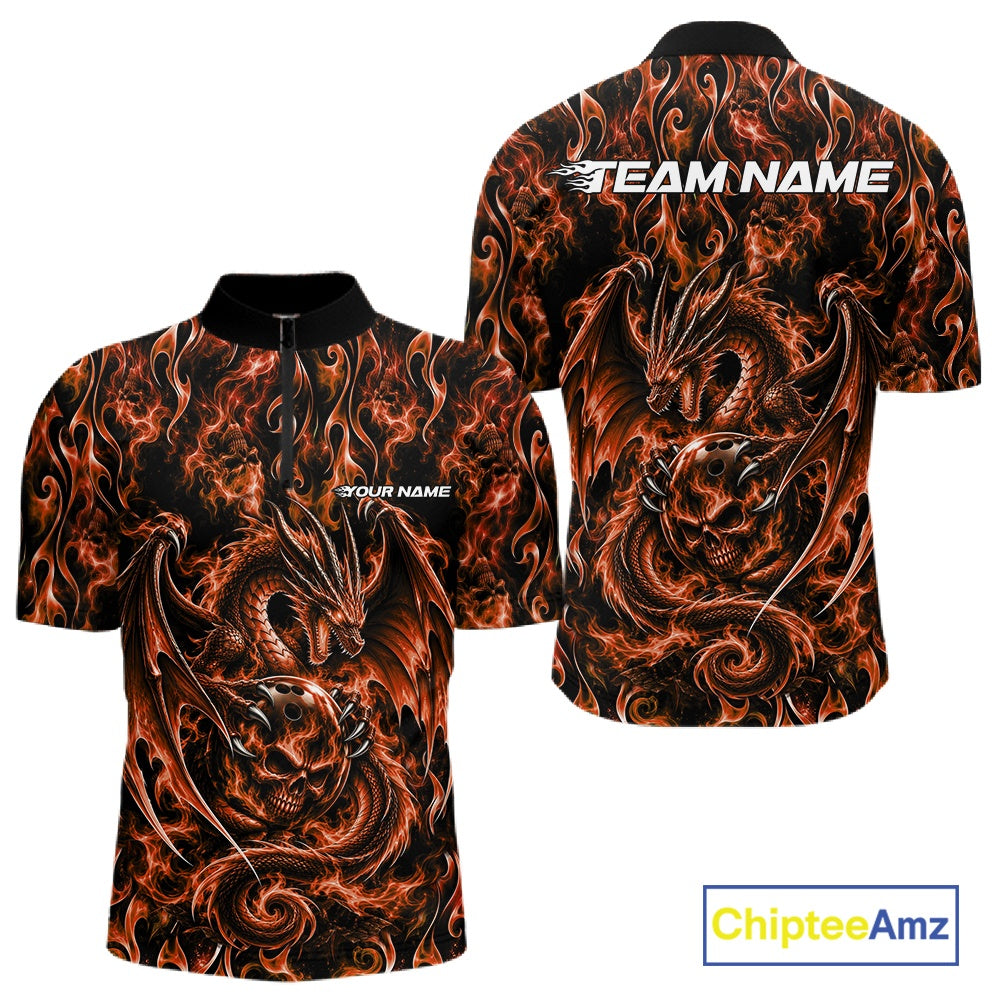 Orange Flame Dragon With Skull Bowling Ball Custom Bowling Men Quarter Zip Shirt Bowling Jersey IPHW12116