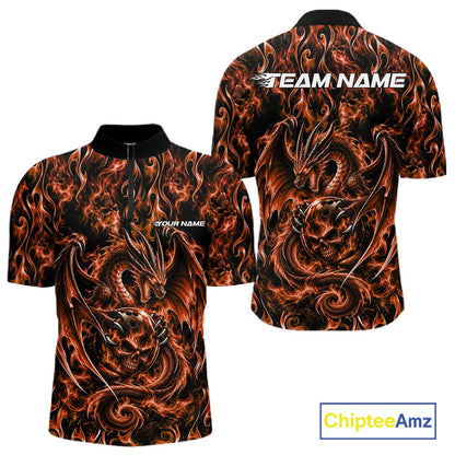 Orange Flame Dragon With Skull Bowling Ball Custom Bowling Men Quarter Zip Shirt Bowling Jersey IPHW12116