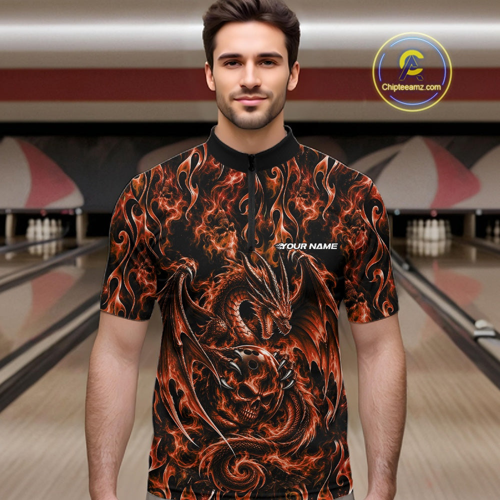 Orange Flame Dragon With Skull Bowling Ball Custom Bowling Men Quarter Zip Shirt Bowling Jersey IPHW12116