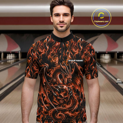 Orange Flame Dragon With Skull Bowling Ball Custom Bowling Men Quarter Zip Shirt Bowling Jersey IPHW12116