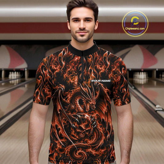 Orange Flame Dragon With Skull Bowling Ball Custom Bowling Men Quarter Zip Shirt Bowling Jersey IPHW12116