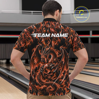 Orange Flame Dragon With Skull Bowling Ball Custom Bowling Men Quarter Zip Shirt Bowling Jersey IPHW12116