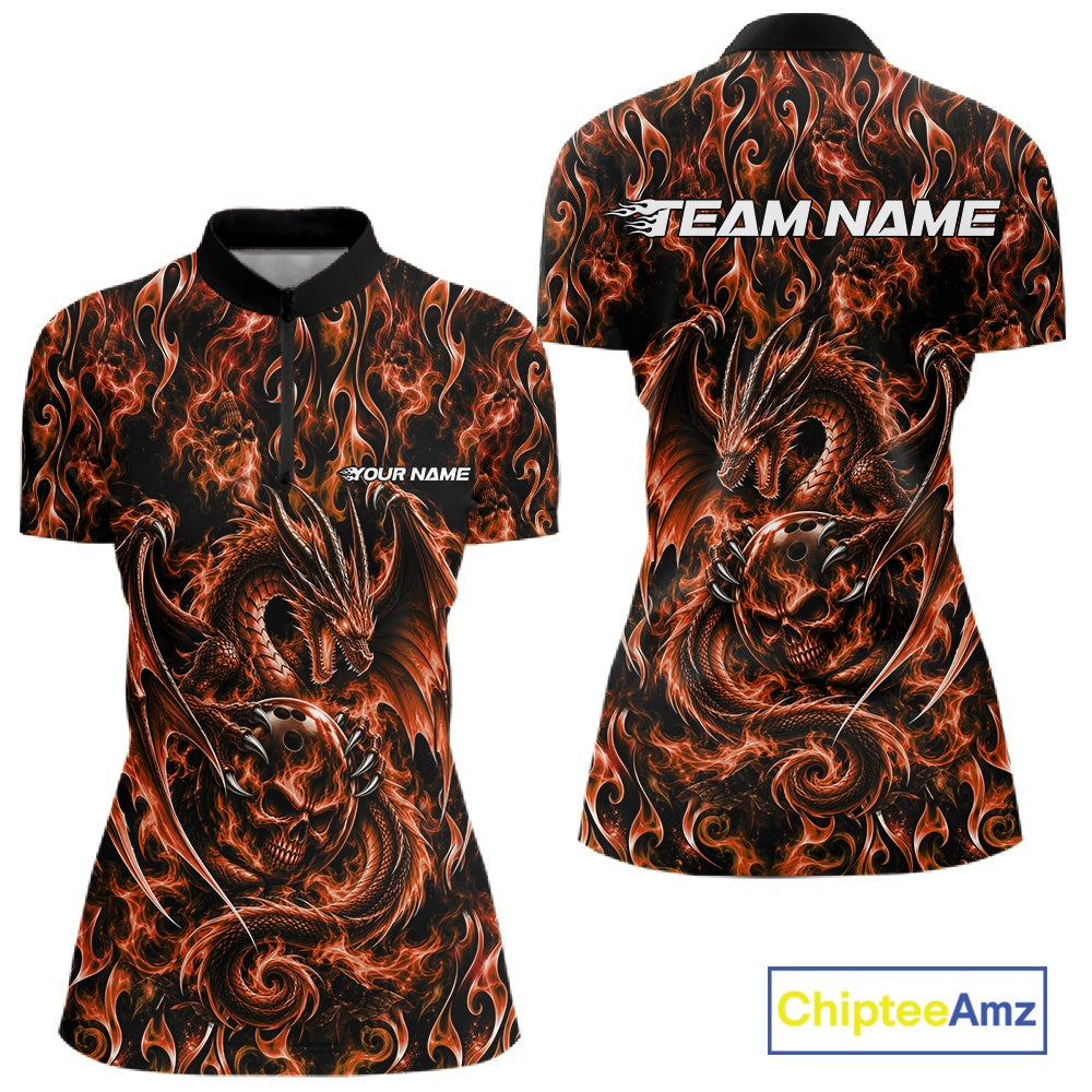 Orange Flame Dragon With Skull Bowling Ball Custom Bowling Women Quarter-Zip Shirt IPHW12116