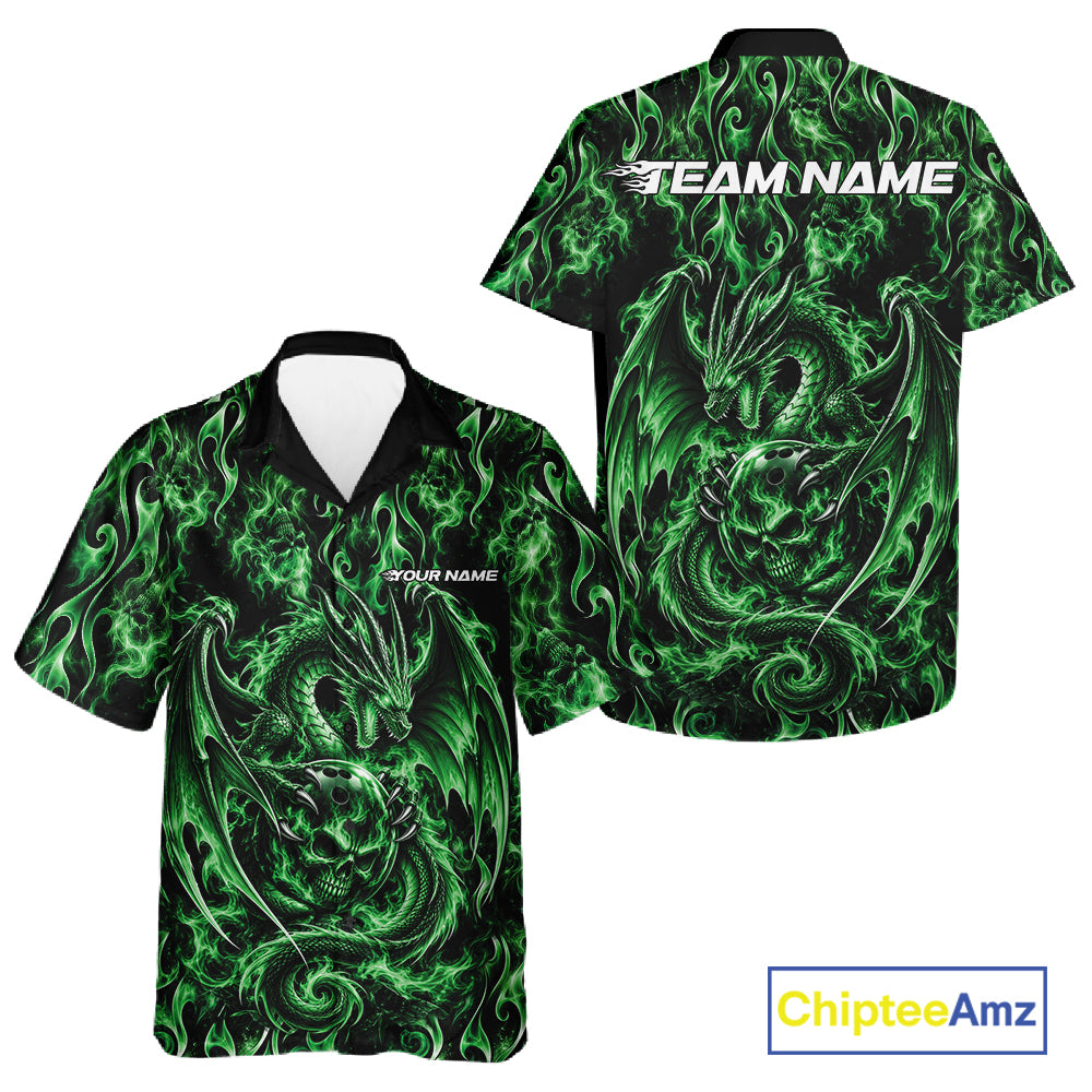 Green Flame Dragon With Skull Bowling Ball Custom Bowling Men And Women Button Up Shirt Bowling Jersey IPHW12117
