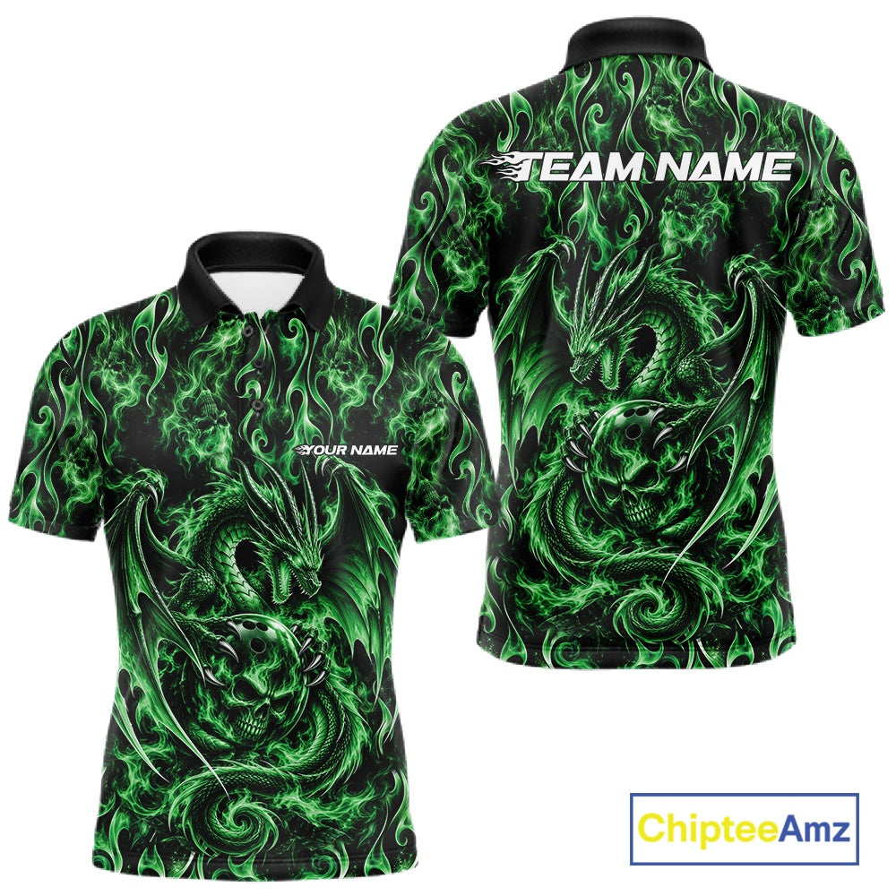 Green Flame Dragon With Skull Bowling Ball Custom Bowling Men Polo Shirt Bowling Jersey IPHW12117