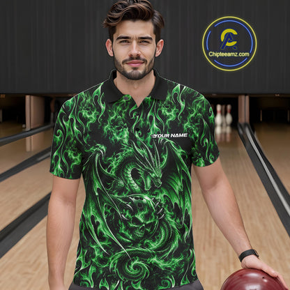 Green Flame Dragon With Skull Bowling Ball Custom Bowling Men Polo Shirt Bowling Jersey IPHW12117