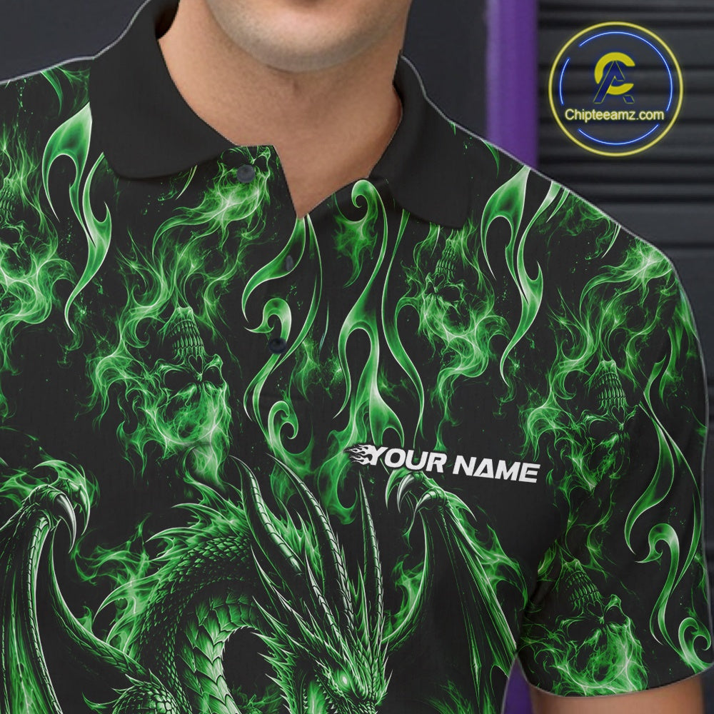 Green Flame Dragon With Skull Bowling Ball Custom Bowling Men Polo Shirt Bowling Jersey IPHW12117