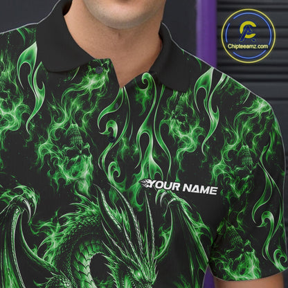 Green Flame Dragon With Skull Bowling Ball Custom Bowling Men Polo Shirt Bowling Jersey IPHW12117
