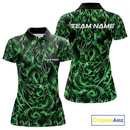 Green Flame Dragon With Skull Bowling Ball Custom Bowling Women Polo Shirt Bowling Jersey IPHW12117
