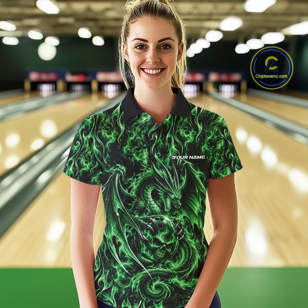 Green Flame Dragon With Skull Bowling Ball Custom Bowling Women Polo Shirt Bowling Jersey IPHW12117