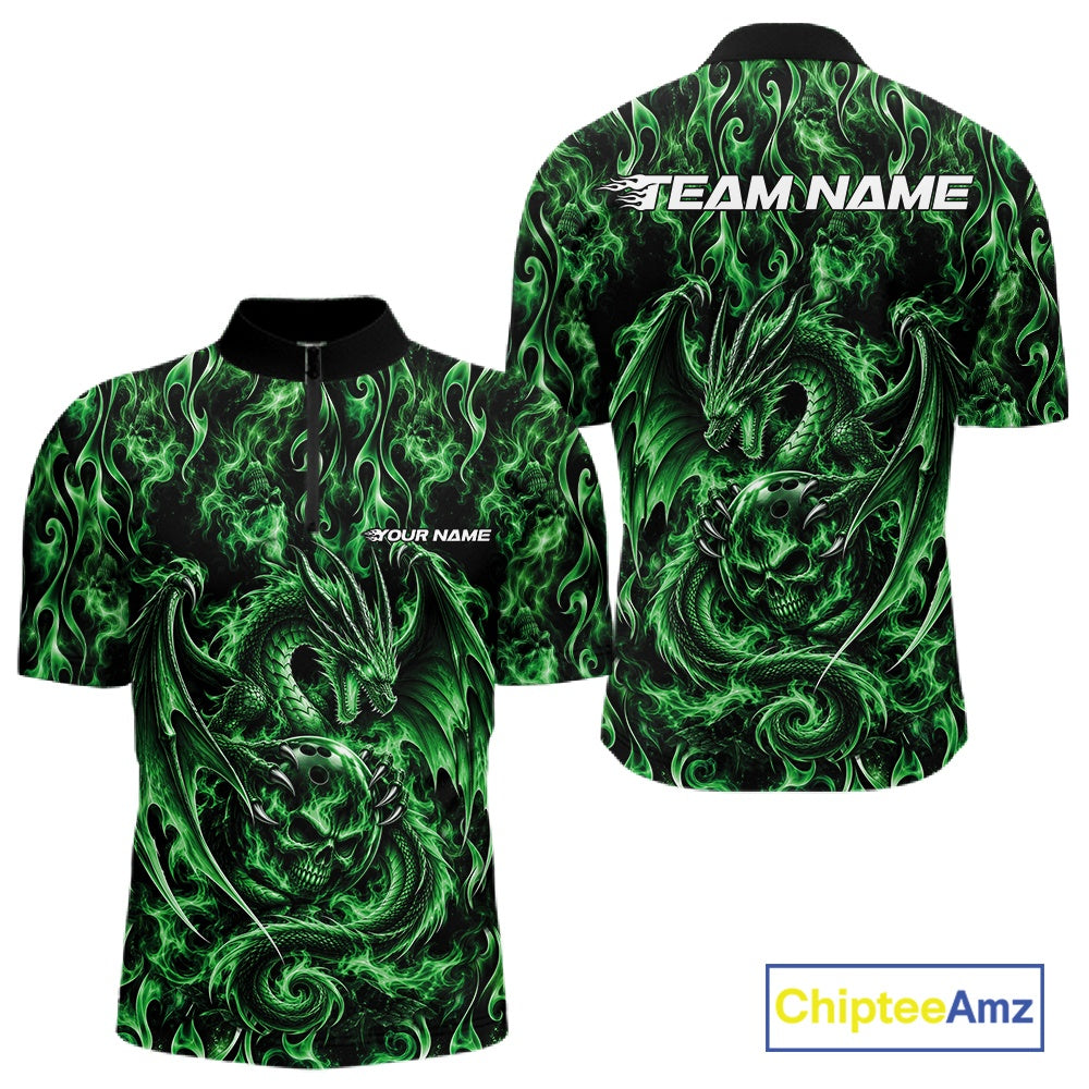 Green Flame Dragon With Skull Bowling Ball Custom Bowling Men Quarter Zip Shirt Bowling Jersey IPHW12117