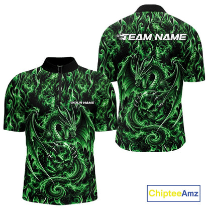 Green Flame Dragon With Skull Bowling Ball Custom Bowling Men Quarter Zip Shirt Bowling Jersey IPHW12117