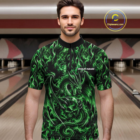 Green Flame Dragon With Skull Bowling Ball Custom Bowling Men Quarter Zip Shirt Bowling Jersey IPHW12117