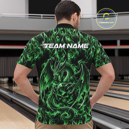 Green Flame Dragon With Skull Bowling Ball Custom Bowling Men Quarter Zip Shirt Bowling Jersey IPHW12117