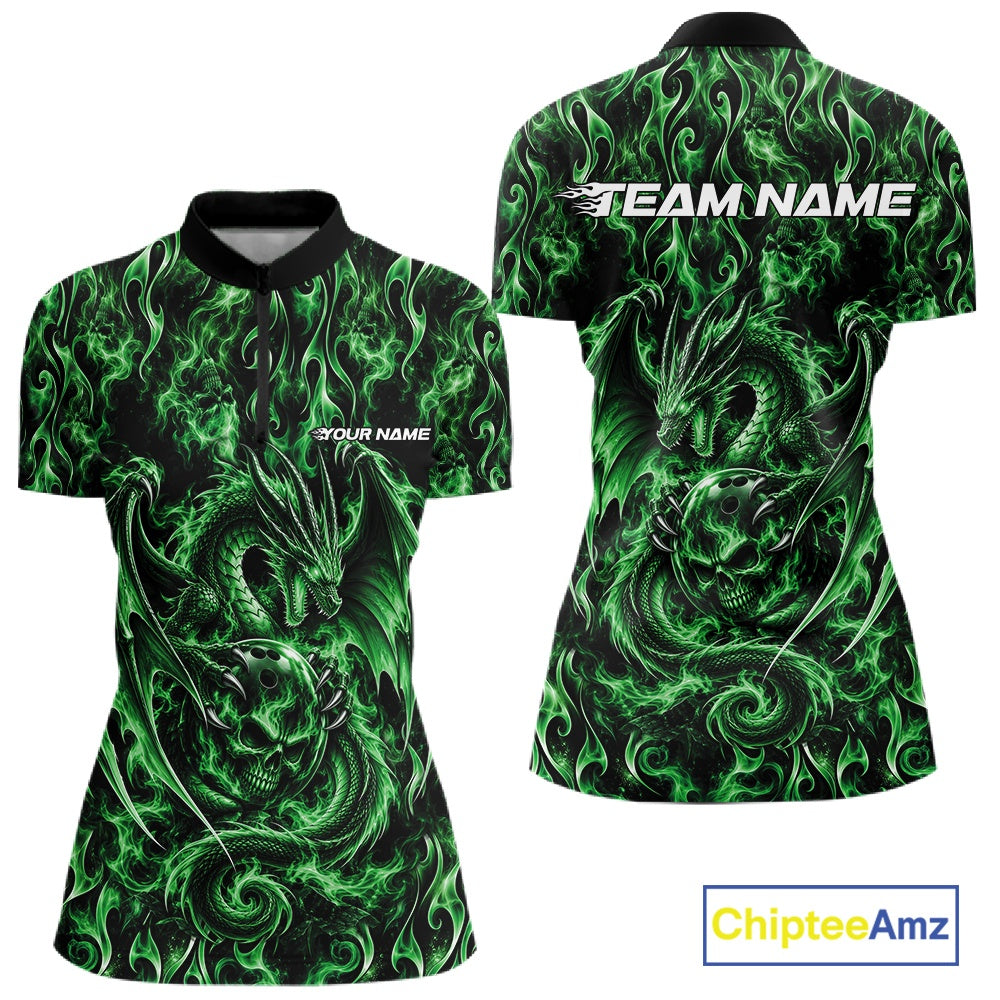 Green Flame Dragon With Skull Bowling Ball Custom Bowling Women Quarter-Zip Shirt IPHW12117