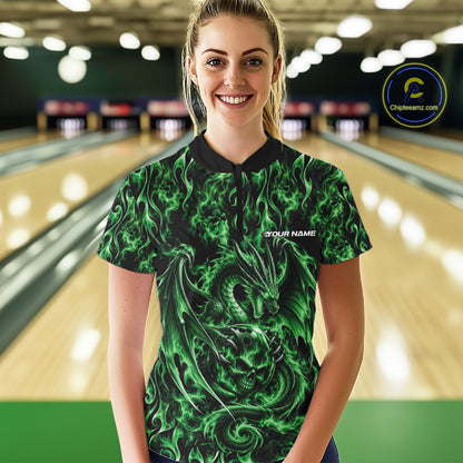 Green Flame Dragon With Skull Bowling Ball Custom Bowling Women Quarter-Zip Shirt IPHW12117