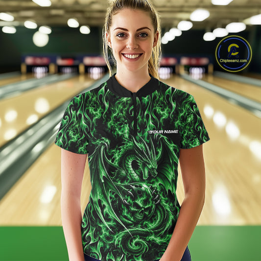 Green Flame Dragon With Skull Bowling Ball Custom Bowling Women Quarter-Zip Shirt IPHW12117