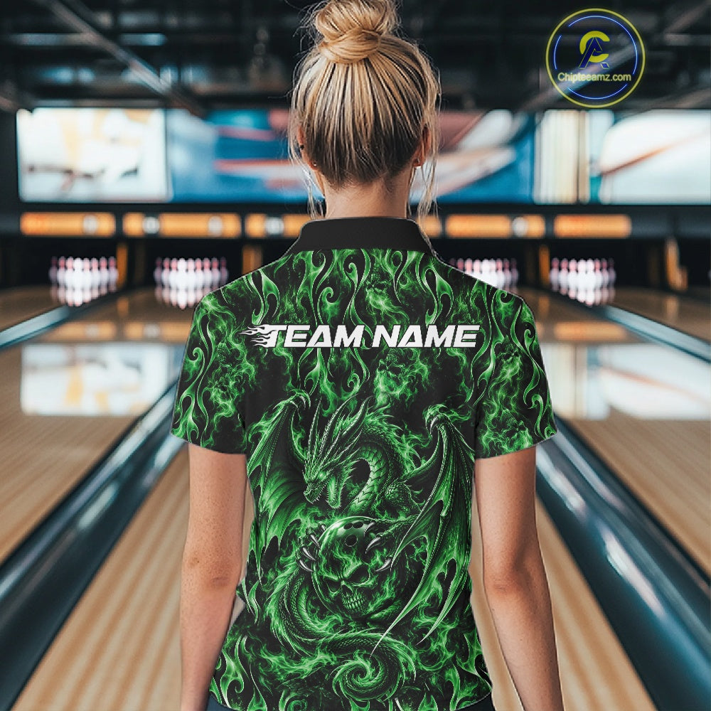 Green Flame Dragon With Skull Bowling Ball Custom Bowling Women Quarter-Zip Shirt IPHW12117
