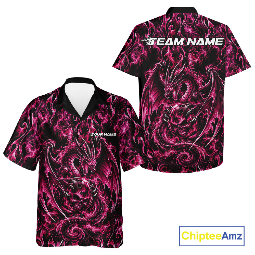 Pink Flame Dragon With Skull Bowling Ball Custom Bowling Men And Women Button Up Shirt Bowling Jersey IPHW12118