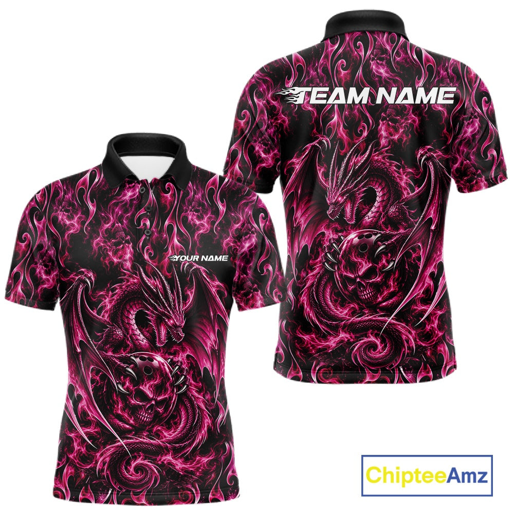 Pink Flame Dragon With Skull Bowling Ball Custom Bowling Men Polo Shirt Bowling Jersey IPHW12118
