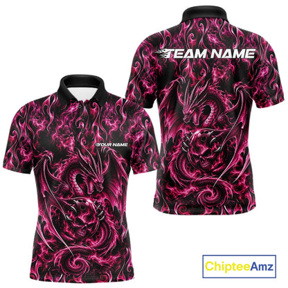 Pink Flame Dragon With Skull Bowling Ball Custom Bowling Men Polo Shirt Bowling Jersey IPHW12118