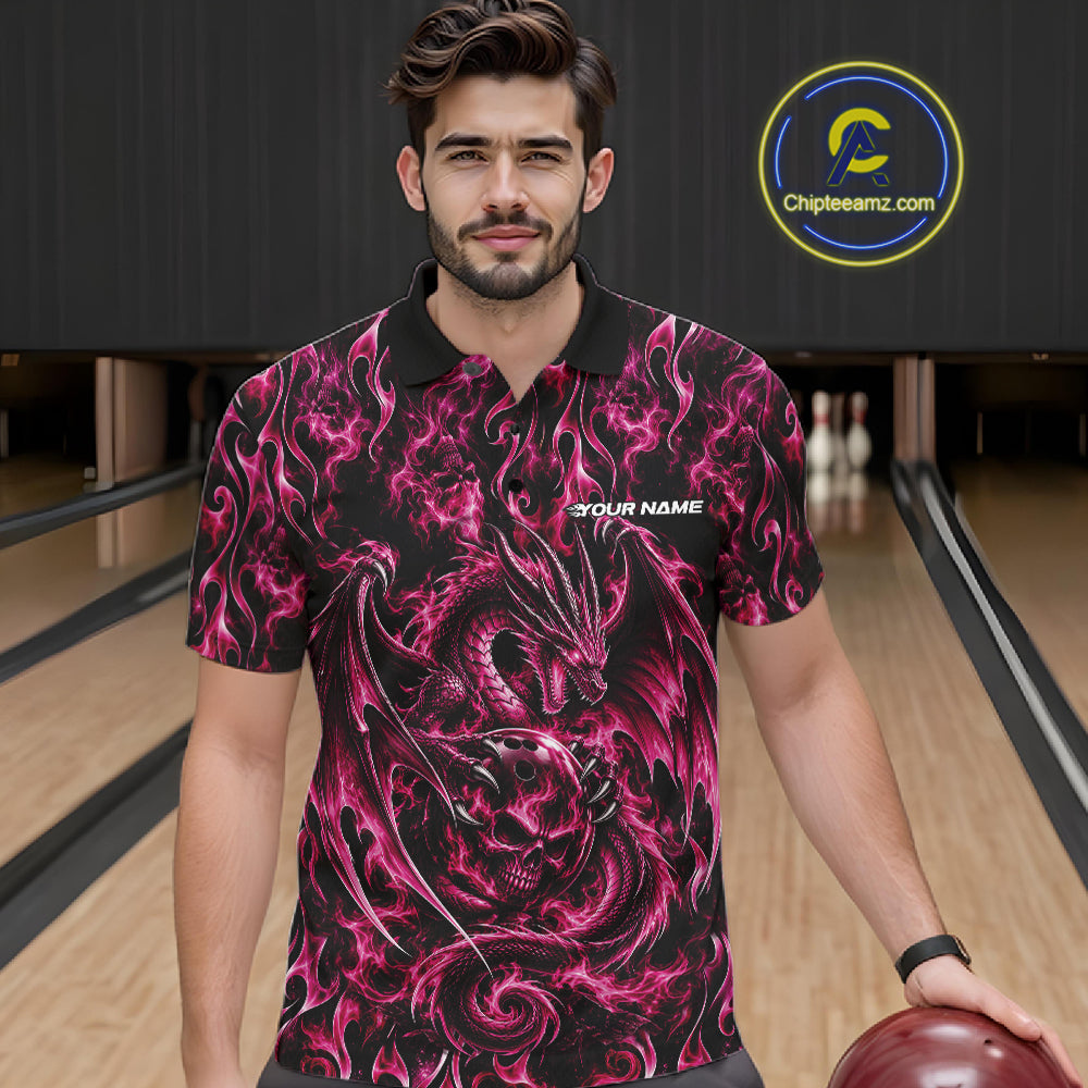 Pink Flame Dragon With Skull Bowling Ball Custom Bowling Men Polo Shirt Bowling Jersey IPHW12118