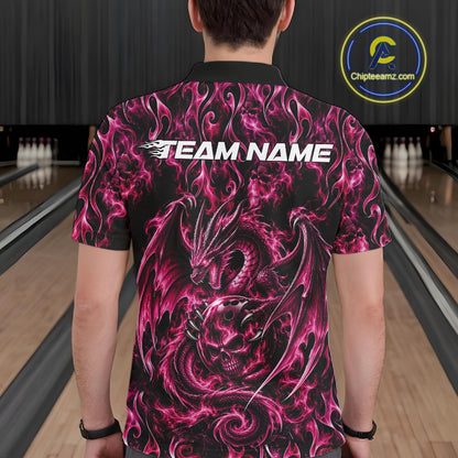 Pink Flame Dragon With Skull Bowling Ball Custom Bowling Men Polo Shirt Bowling Jersey IPHW12118