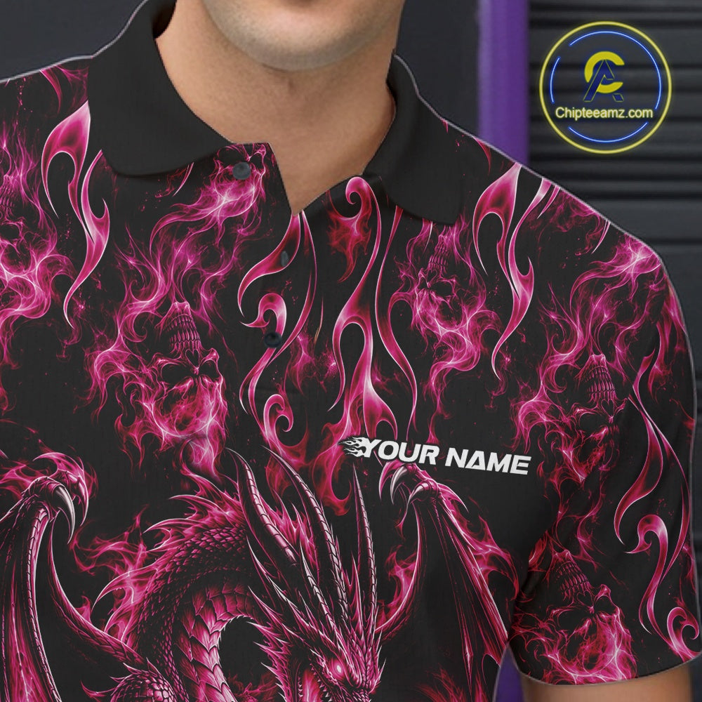 Pink Flame Dragon With Skull Bowling Ball Custom Bowling Men Polo Shirt Bowling Jersey IPHW12118