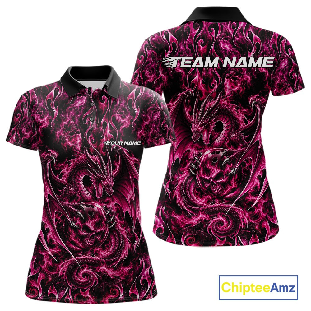 Pink Flame Dragon With Skull Bowling Ball Custom Bowling Women Polo Shirt Bowling Jersey IPHW12118
